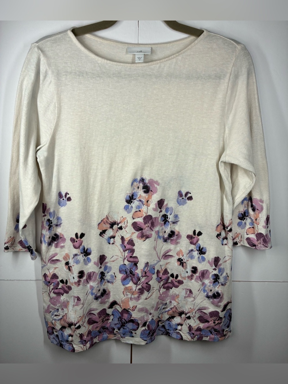 J. Jill Floral Border Print 3/4 Sleeve Lightweight Knit Top XS